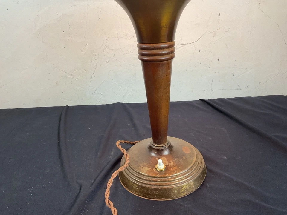 ANCIENNE LAMPE CHAMPIGNON ART DÉCO CUIVRE ET BOIS DESIGN MODERNISTE - Photo 3/4