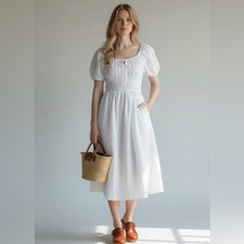 Madewell Sophia White Seersucker Smocked Midi Dress Size L