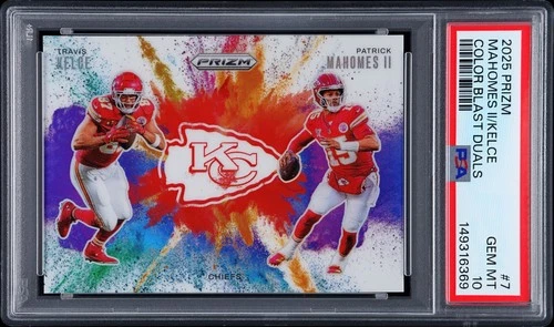 2025 Prizm Football Patrick Mahomes Travis Kelce #7 Dual Color Blast PSA 10