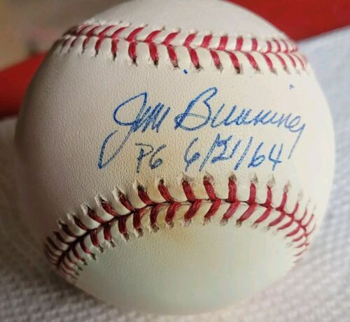 Jim Bunning signed OML Baseball inscribed "PG 6/21/64" Cubed 96 MLB HOF BECKETT