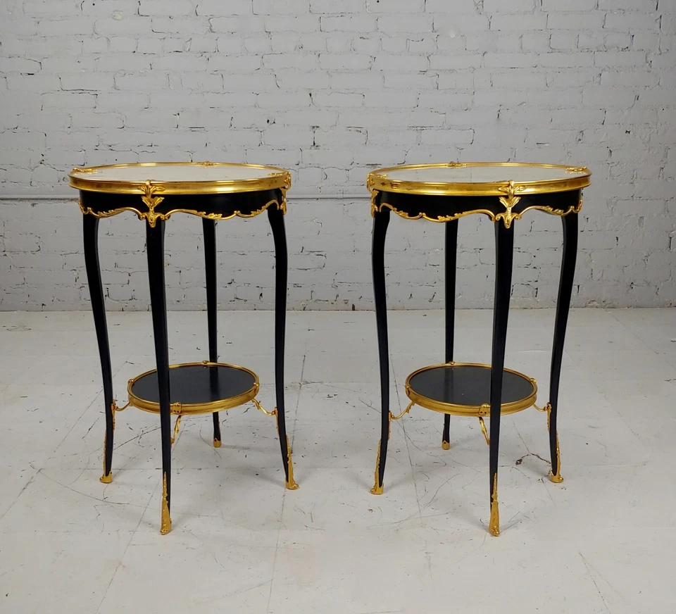 French Louis XV Style Ebonized Round Side Tables - A Pair - Image 3 of 4