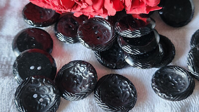Lot De 13 Boutons Vintage Noirs à Motifs Panache - Trous 1,7 à 2,2 Cm - Réf 1430 - Occasion