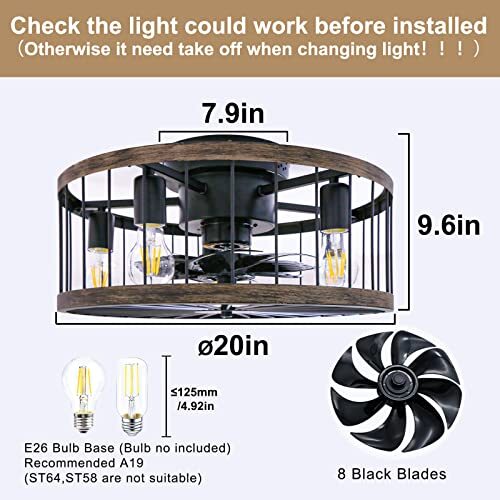 Caged Ceiling Fan with Light, 20 Inch Low Profile Farmhouse Ceiling Fan with - Picture 3 of 7