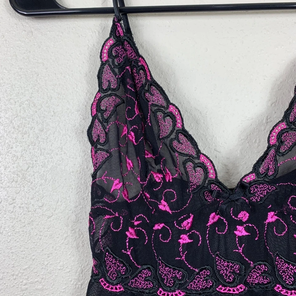 Lencería Fantasy Negra y Rosa Floral Bordada Babydoll Top Talla Pequeña Foto 2 de 4