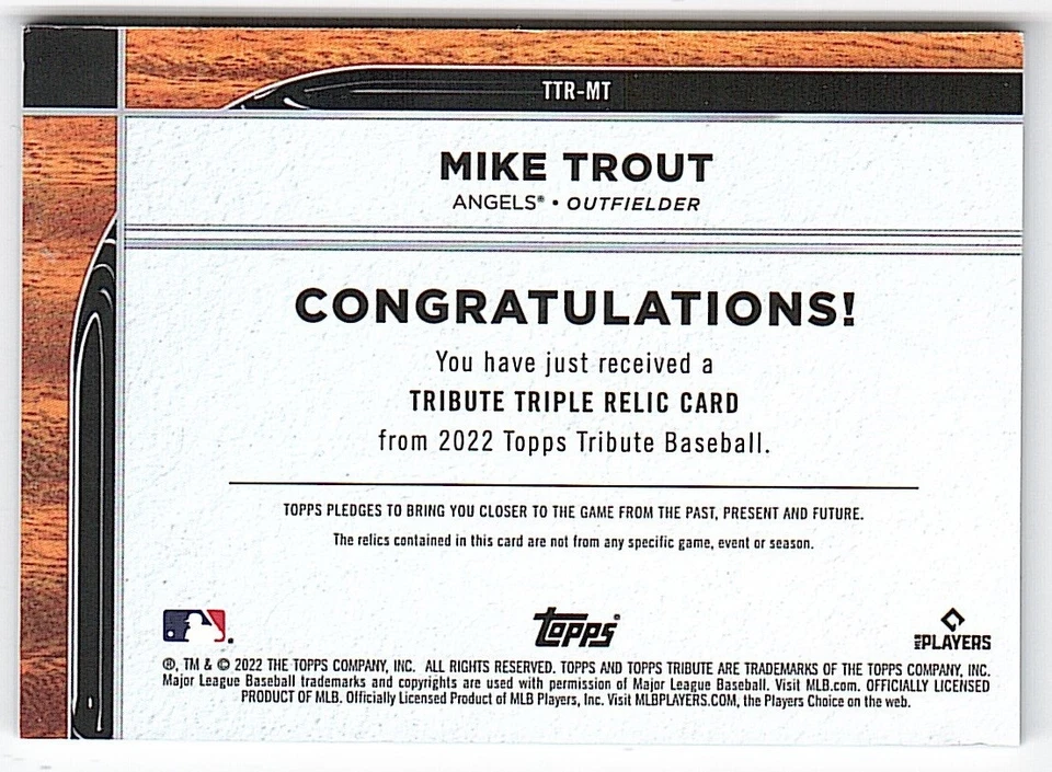 2020 Topps Tribute Triple Relic Mike Trout Angels Huge Patch #1/1 - Image 2 of 2