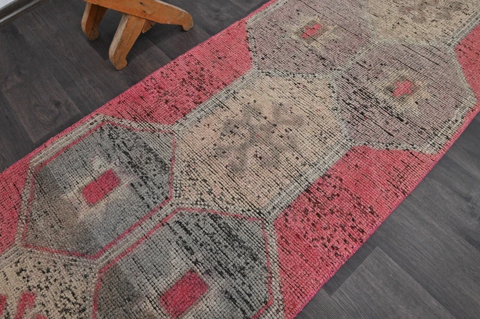 Vintage Turkish Runner Rug 3x10ft Wool Anatolian Handmade Hallway Oushak PINK - Image 3 of 4
