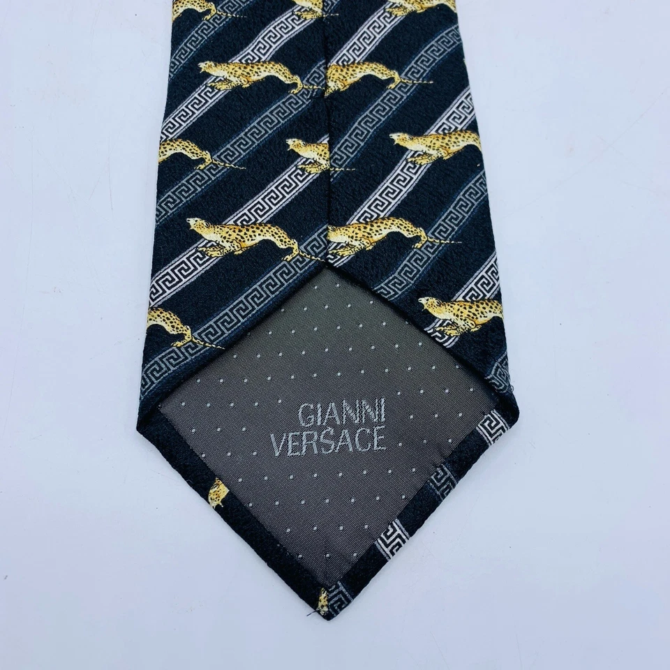 GIANNI VERSACE Silk Tie Cheetah with Slant Stripes Black Grey Gold 57L x 3.5W - Image 4 of 4
