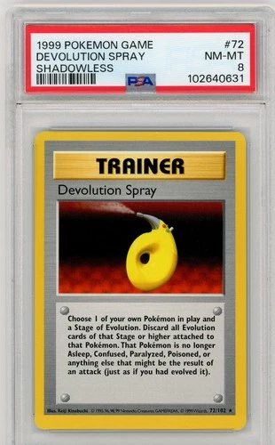 1999 Pokemon Game #72 Devolution Spray Shadowless PSA 8