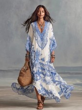 Printed V Neck Batwing Sleeve Bohemian Maxi Dress for Women Summer Long Dresses