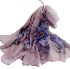 100% Silk Scarf Women neckerchief thin Shawl Wrap Floral purple coffee HD118-12