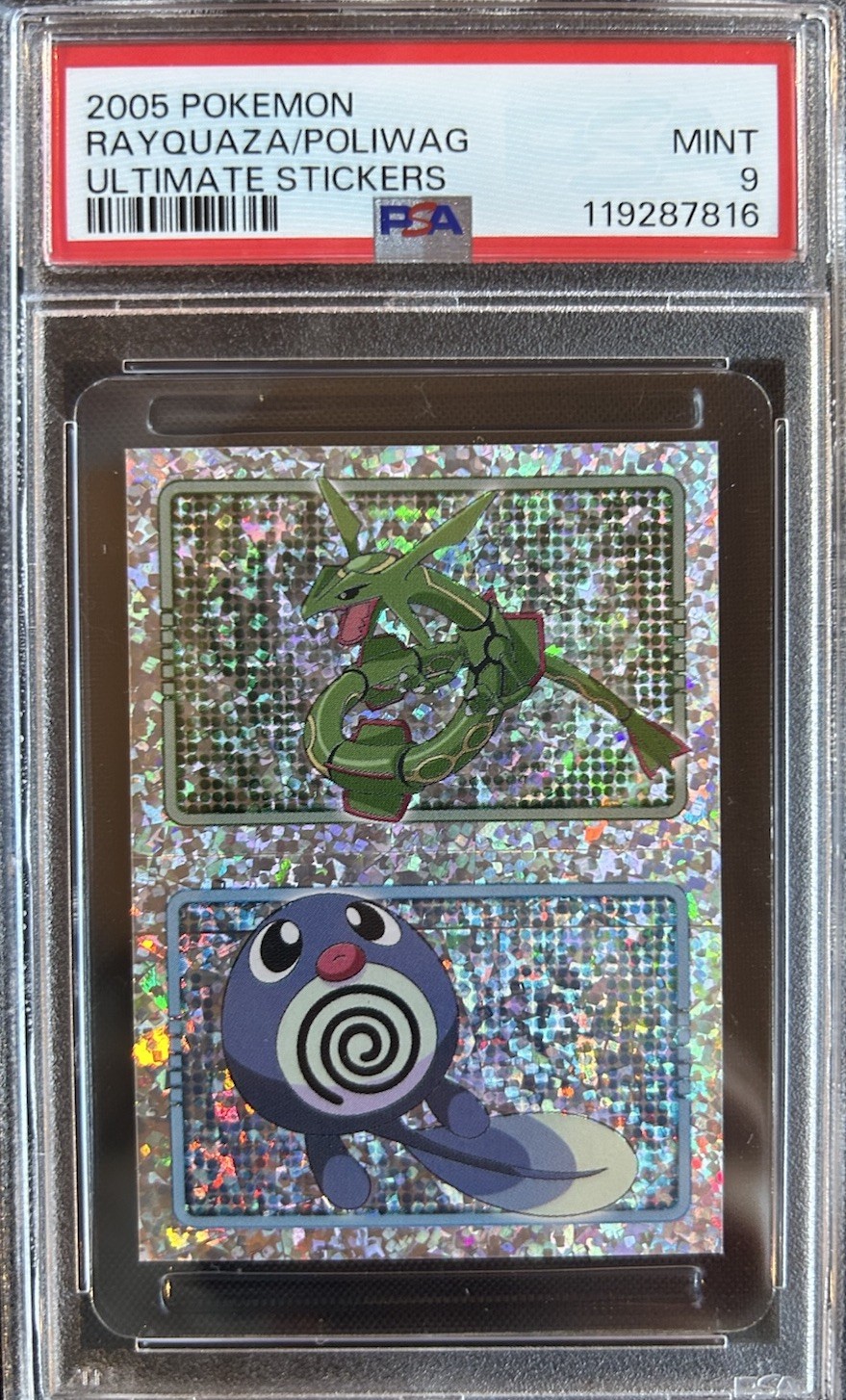 2005 Pokemon Merlin Ultimate Stickers Series 7 Rayquaza/Poliwag - PSA 9