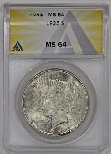 1925 $1 Silver Peace Dollar ANACS MS64 Light Toning