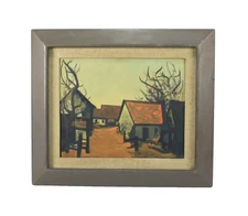Antique Oil Painting Of Rural Houses In Rustic Frame Signed Fritz Brandel