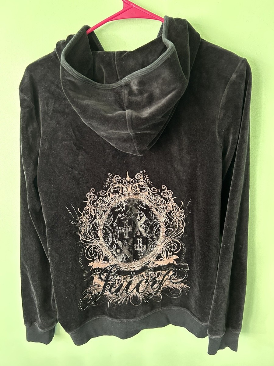 Juicy Couture Black Velour Full Zip Hoodie Front Back Print