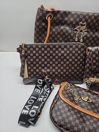 Five Piece Classic Design Purse & Four Pouches Set Dark Brown Light Brown Trim - Picture 2 of 9