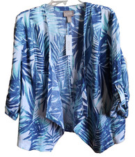 NEW Chicos Sz 2 L 3/4 Drape Front Luxe Leaves Reef Summer Tropics Linen Jacket