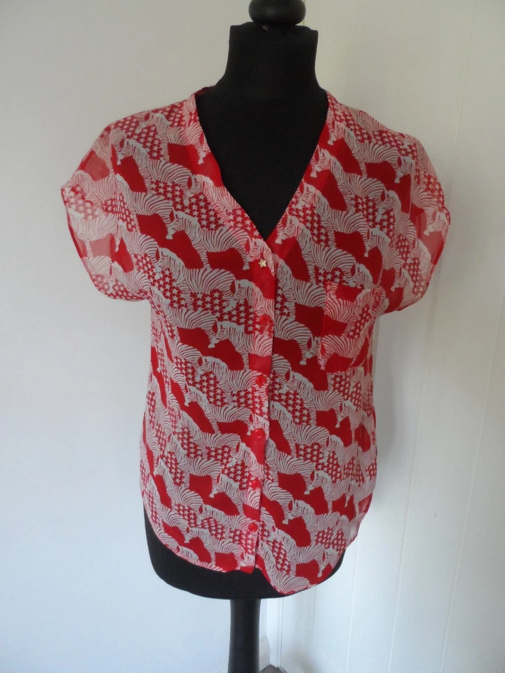 H! by Henry Holland Red Zebra Print Chiffon Blouse UK 10 *bnwt* vtg y2k - Image 4 of 4