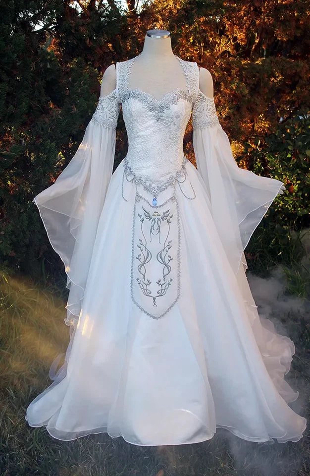 Medieval Victorian Wedding Dresses Long Sleeve Organza Beaded Corset Bridal Gown - Image 2 of 4