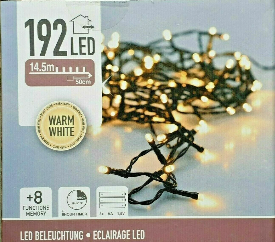 192er LED Lichterkette Batterie Timer outdoor außen innen kaltweiß warmweiß Deko - Bild 1 von 2