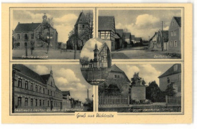 Postcard Uichteritz - Village Street/Monument/Guest House to the German House/School