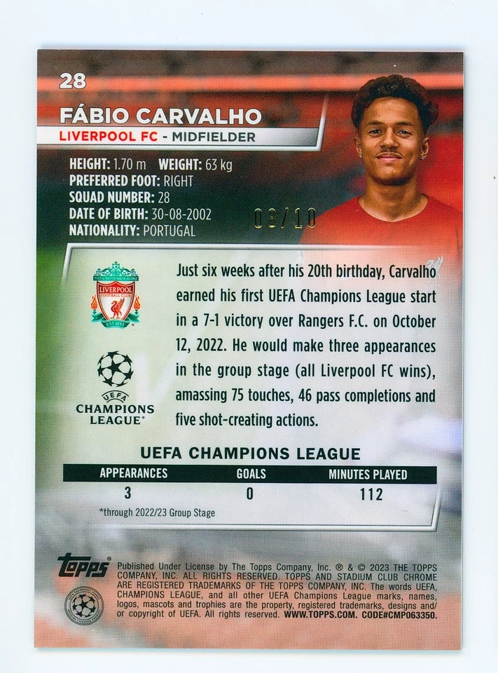 2022-23 Fabio Carvalho Topps Stadium Club Chrome Orange/Blue Rookie Card 8/10 - Image 2 of 3