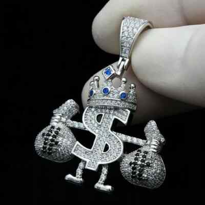 2Ct Round Lab Created Diamond Dollar Money Bag Charm Pendant 14K White Gold Over
