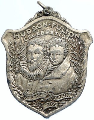 Médaille Commémorative Hudson Fulton 1909 - 300 Ans, Métal Blanc, Collection USA I98364