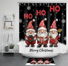 Vintage Christmas Gnome and Snowflake Shower Curtain Bathroom Accessories Set