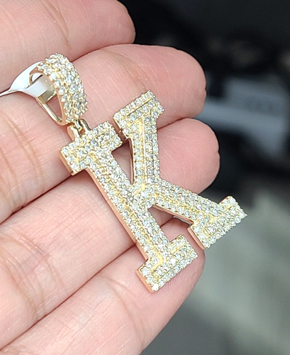 10K Yellow Gold 1.25CT Genuine Diamond Initial Letter 'K' Charm Pendant 1.5" - Picture 2 of 10