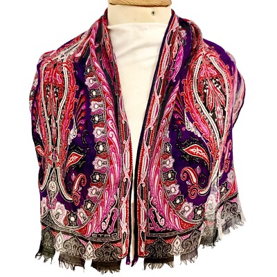 ETRO MILANO PAISLEY BOHEMIAN PURPLE RECTANGLE WOOL scarf 45/12in