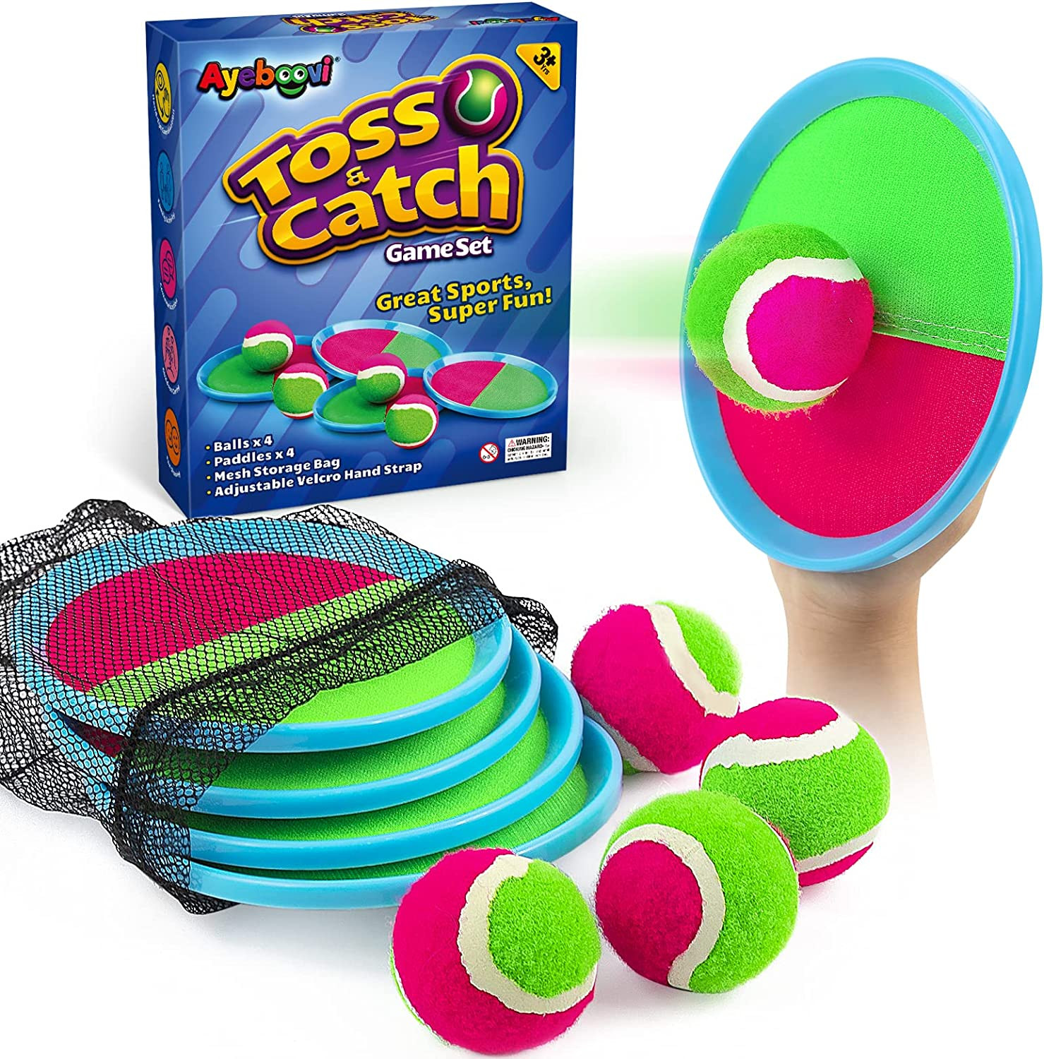 Ayeboovi Toss and Catch Ball Game Outdoor Toys for Kids Beach 4 Paddles 4 Balls