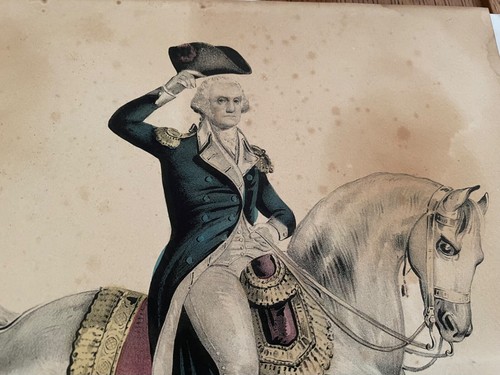 c.1850 GEN. GEORGE WASHINGTON ON WHITE HORSE lithographie rare N. CURRIER - Photo 2 sur 4