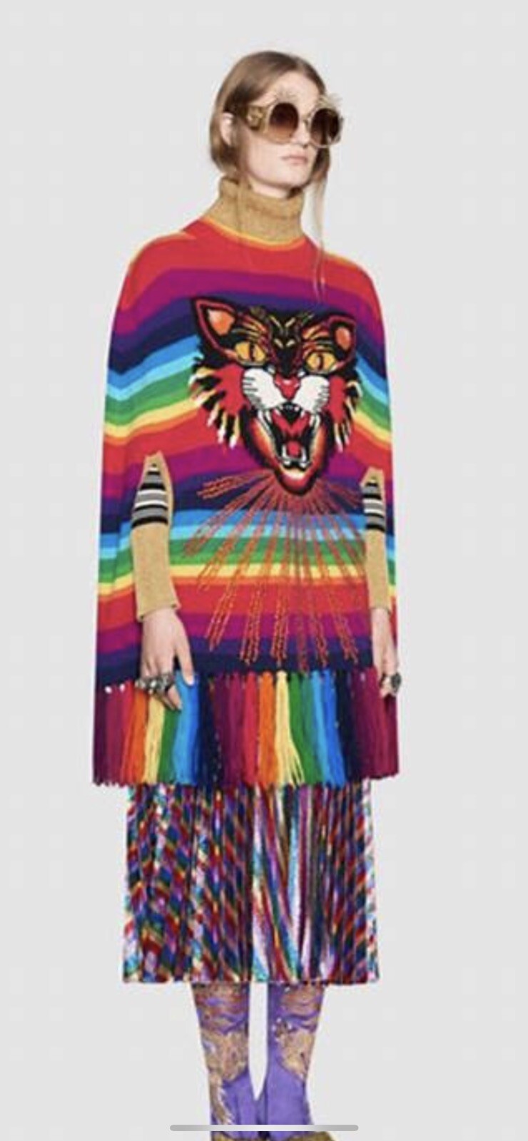 100percent Authentic GUCCI Runway Multi Color Rainbow Angry Cat Wool Poncho Sweater image 10