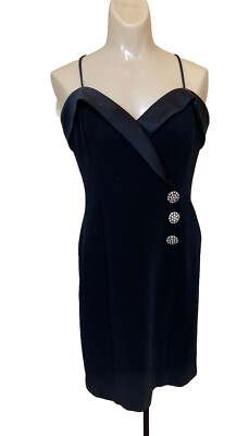 Vtg Betsy & Adam Cocktail Dress Sz 11-12 Black Rhinestones Satin Trim Bombshell