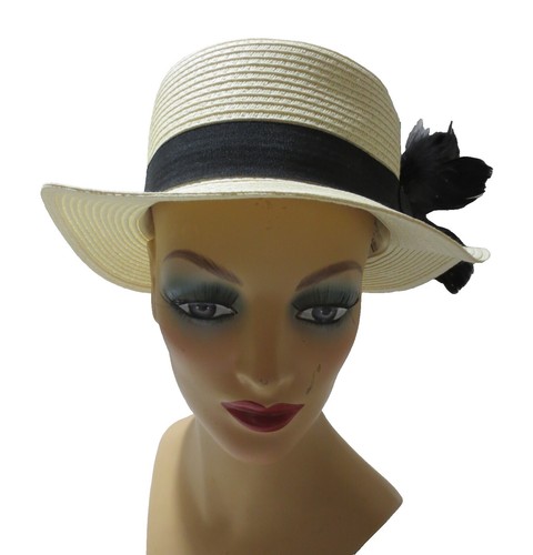 Vintage Ladies Navy Blue Straw Hat 1950s Grosgrain Ribbon  display picture 1