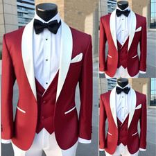 Red 3Pcs Men's Suits Patchwork Shawl Lapel Jacket Blazer Business Slim Fit Coat