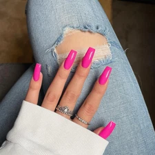 Hot Pink Press on Nails Medium Long Square,  Medium Coffin Nails Acrylic Press O