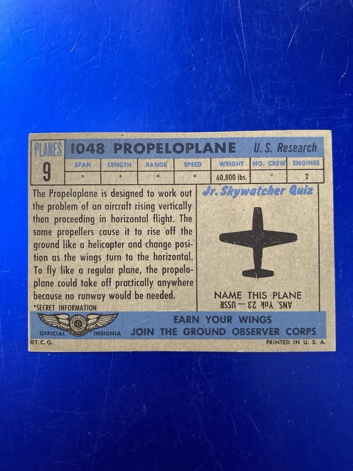 1957 Topps Planes #9 Blue Back Propeloplane - Trimmed - Short Print - Tough - Image 3 of 3