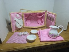 Porcelain Miniature Picnic Tea Set with Wicker Carrying Case Basket
