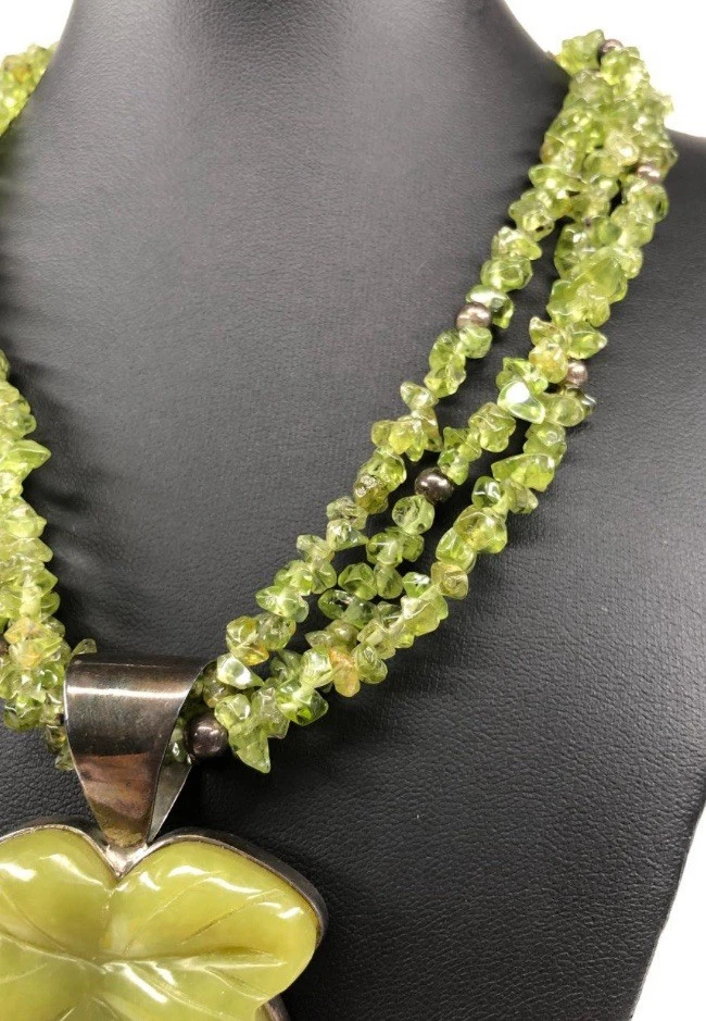 JAY KING Sterling Silver & Peridot Beaded Necklace W/ Serpentine Leaf Pendant - Image 3 of 4