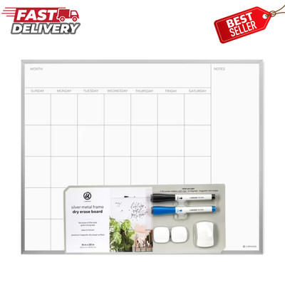 U Brands 16 x 20 Inch Magnetic Monthly Calendar Dry Erase Board Silver Frame