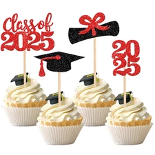 36 Pcs 2023 Graduation Cupcake Toppers Red Glitter Caps & Diplomas