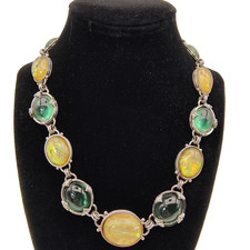 Napier Maximalist Necklace Green Yellow Cabochon Silver Tone Rhinestone Signed