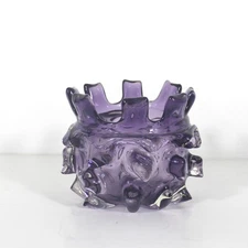 Vintage Brutalist Art Glass Vase Bowl Modernist Hand Blown Purple Amethyst