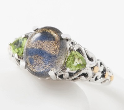 Handwerklich handgefertigter Sterlingsilber Labradorit & Peridot Ring mit drei Steinen Größe 6