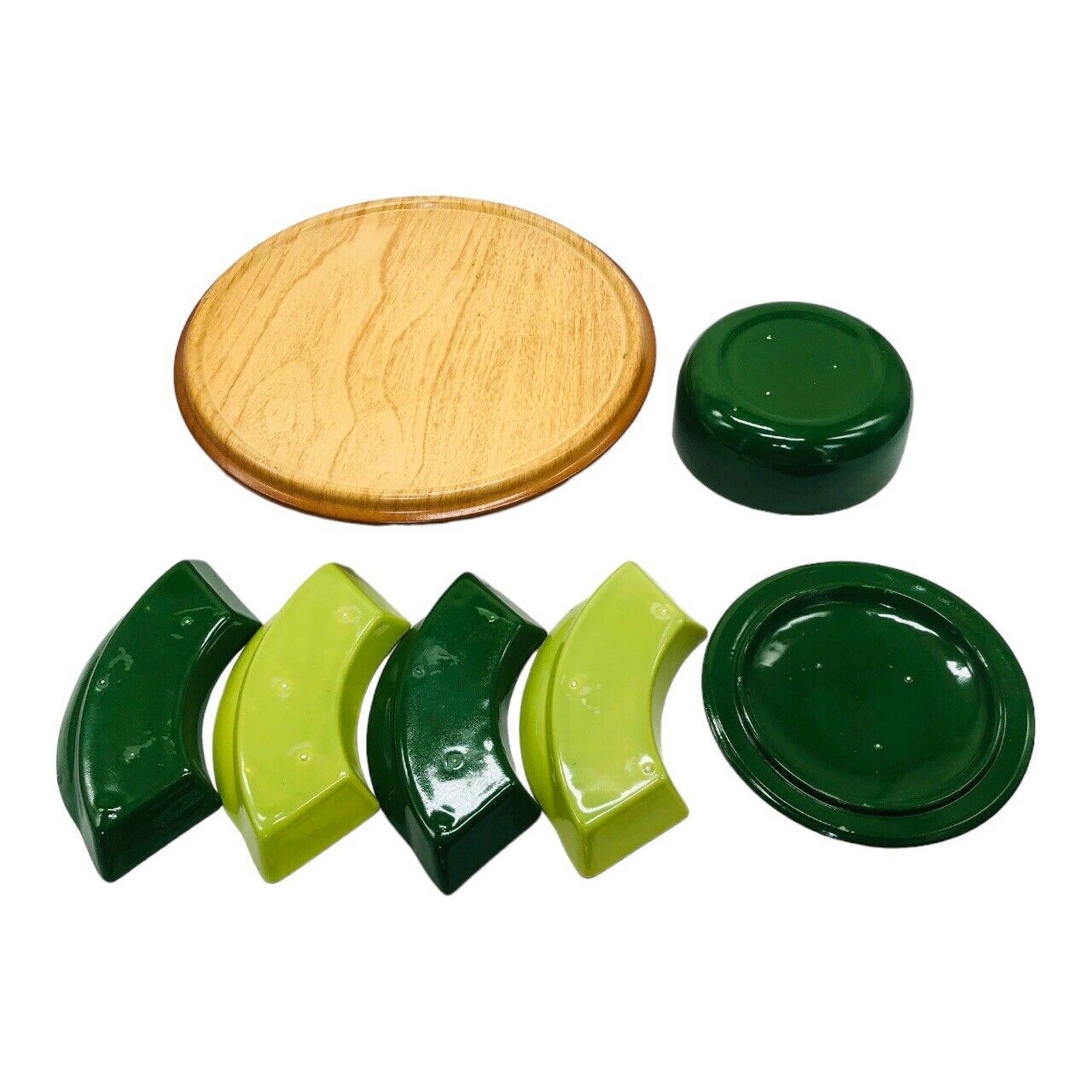 VTG MCM Santa Anita Ware 7 pc Serving Dish Set Lazy Susan Lid Green Kitsch Party