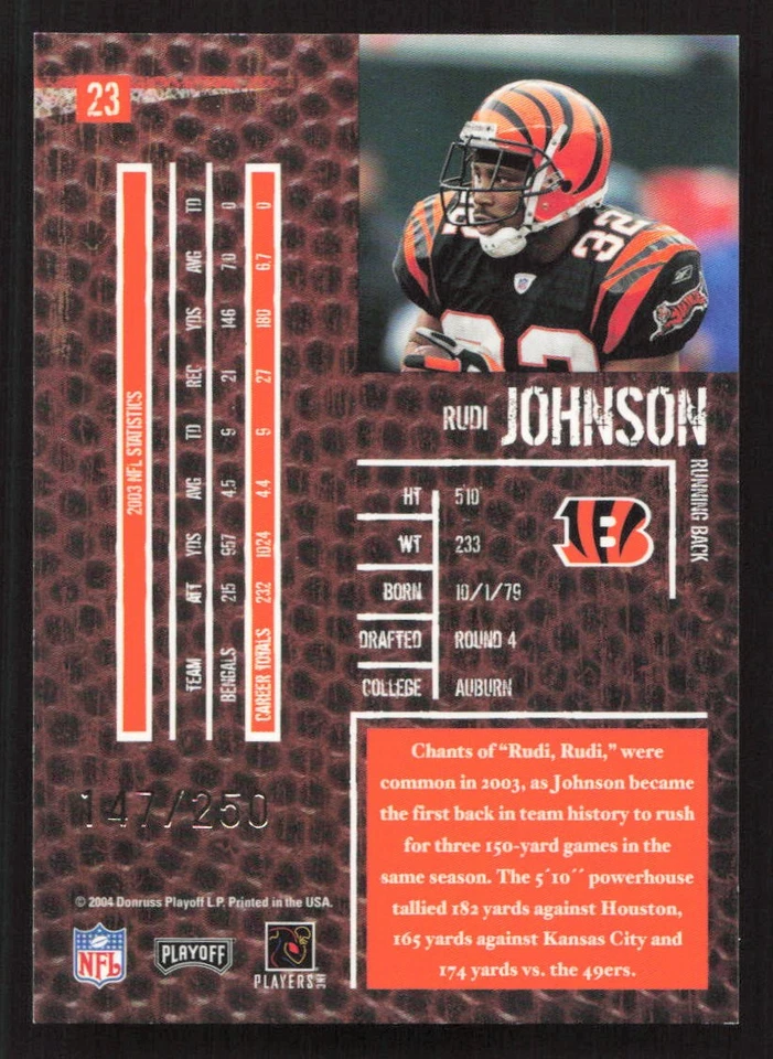 2004 Playoff Hogg Heaven Rudi Johnson Hogg Wild #/250 #23 Card - Image 2 of 2