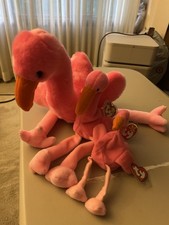 Three Ty Beanie Babies Pinky the Flamingo Plush Toy: Large, Medium, Small Tags