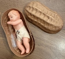 Antique Celluloid Baby Doll Papier Mache Peanut Shell Crib Box Vtg 1920's
