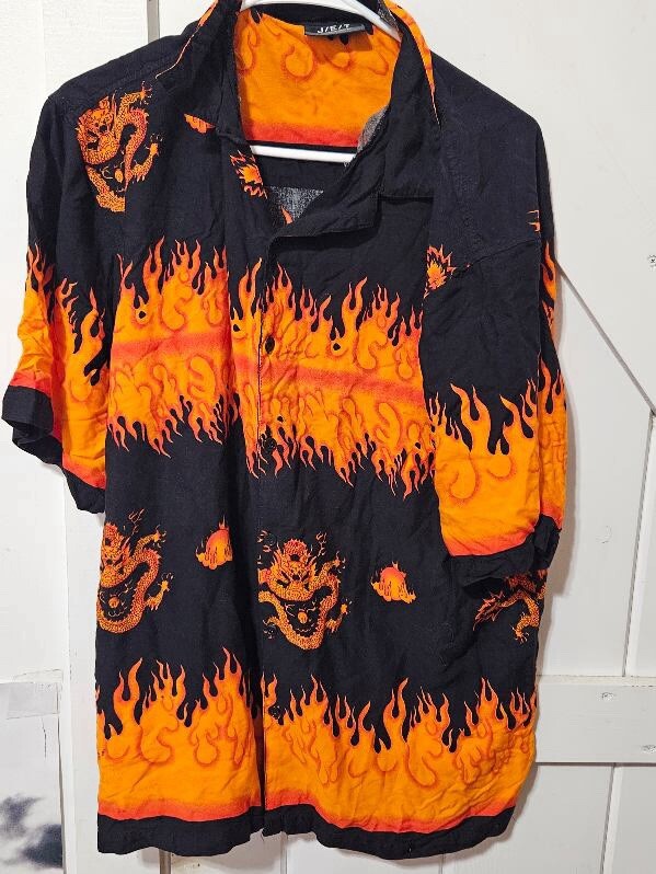 パーツ Cherubim 90's Aero Funny Flame Set Vintage Y2K 2000s Flame Shirt Crazy 90s Streetwear Button